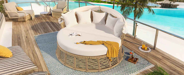 Outdoor Patio Rattan Round Daybed with Retractable Canopy, Wicker - Furniture | Patioza
