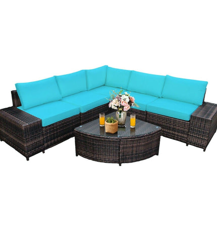 6 Piece Wicker Patio Sectional Sofa Set with Tempered Glass Coffee Table - Turquoise - Patio Furniture | Patioza