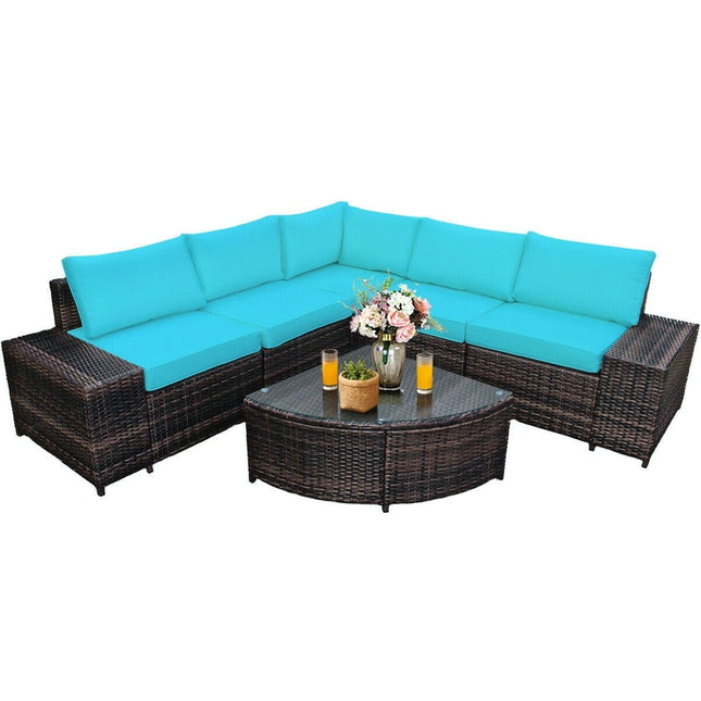 6 Piece Wicker Patio Sectional Sofa Set with Tempered Glass Coffee Table - Turquoise - Patio Furniture | Patioza
