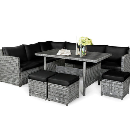 7 Pieces Patio Rattan Dining Furniture Sectional Sofa Set with Wicker Ottoman - Black - Patio Furniture | Patioza