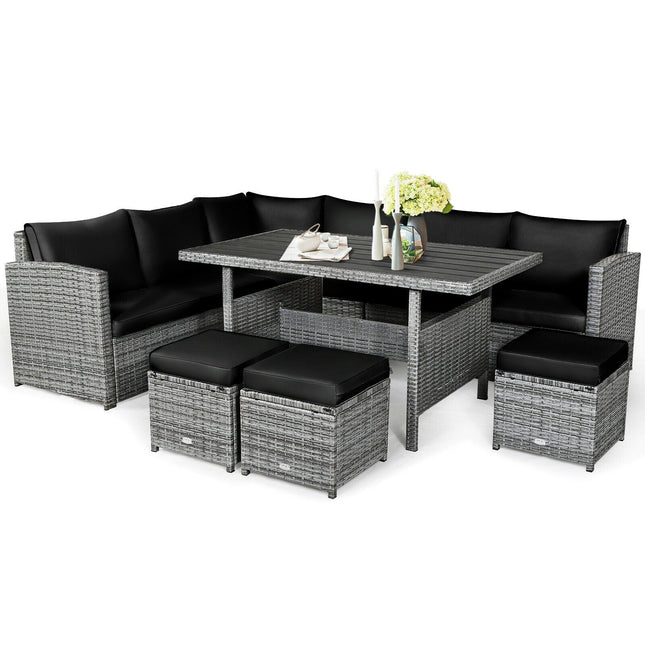 7 Pieces Patio Rattan Dining Furniture Sectional Sofa Set with Wicker Ottoman - Black - Patio Furniture | Patioza