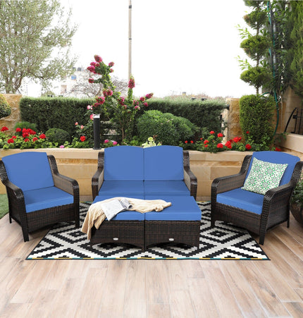 5 Pieces Patio Rattan Sofa Set with Cushion and Ottoman - Navy - Patio Furniture | Patioza