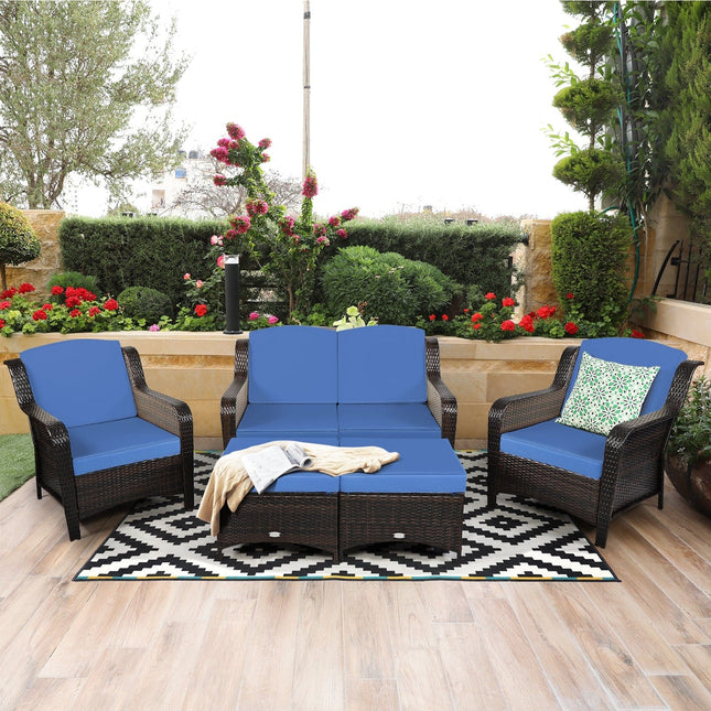 5 Pieces Patio Rattan Sofa Set with Cushion and Ottoman - Navy - Patio Furniture | Patioza