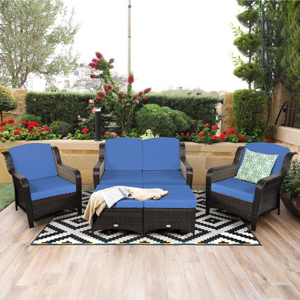 5 Pieces Patio Rattan Sofa Set with Cushion and Ottoman - Navy - Patio Furniture | Patioza