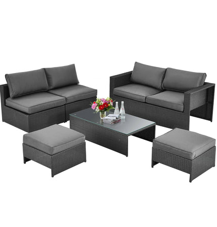 6 Pieces Patio Rattan Furniture Set with Glass Table and Cushioned Seat - Gray - Patio Furniture | Patioza