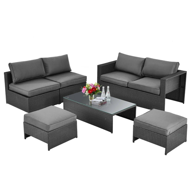6 Pieces Patio Rattan Furniture Set with Glass Table and Cushioned Seat - Gray - Patio Furniture | Patioza