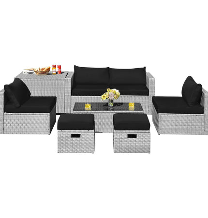 8 Pieces Patio Rattan Furniture Set with Storage Waterproof Cover and Cushion - Black - Patio Furniture | Patioza