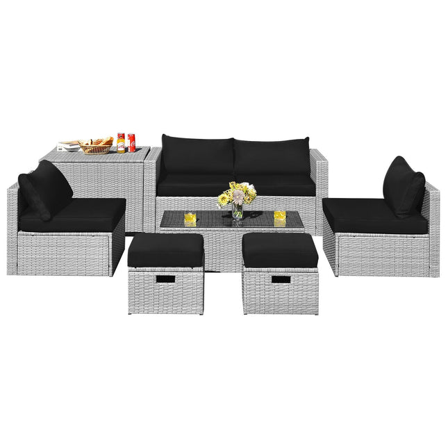 8 Pieces Patio Rattan Furniture Set with Storage Waterproof Cover and Cushion - Black - Patio Furniture | Patioza