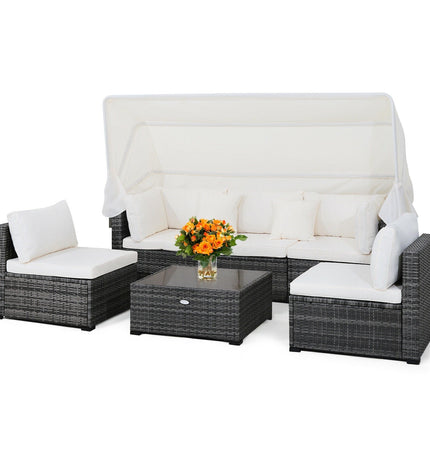 6 Pieces Patio Rattan Furniture Set with Retractable Canopy - Patio Furniture | Patioza