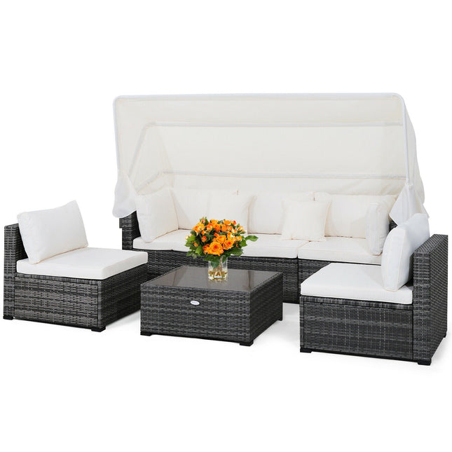 6 Pieces Patio Rattan Furniture Set with Retractable Canopy - Patio Furniture | Patioza