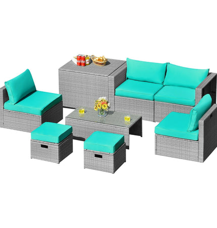 8 Pieces Patio Rattan Furniture Set with Storage Waterproof Cover and Cushion - Turquoise - Patio Furniture | Patioza