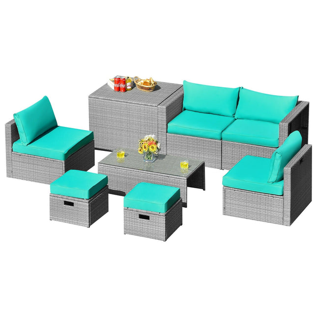 8 Pieces Patio Rattan Furniture Set with Storage Waterproof Cover and Cushion - Turquoise - Patio Furniture | Patioza