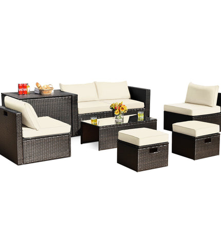 8 Pieces Patio Space - Saving Rattan Furniture Set with Storage Box and Waterproof Cover - White - Patio Furniture | Patioza