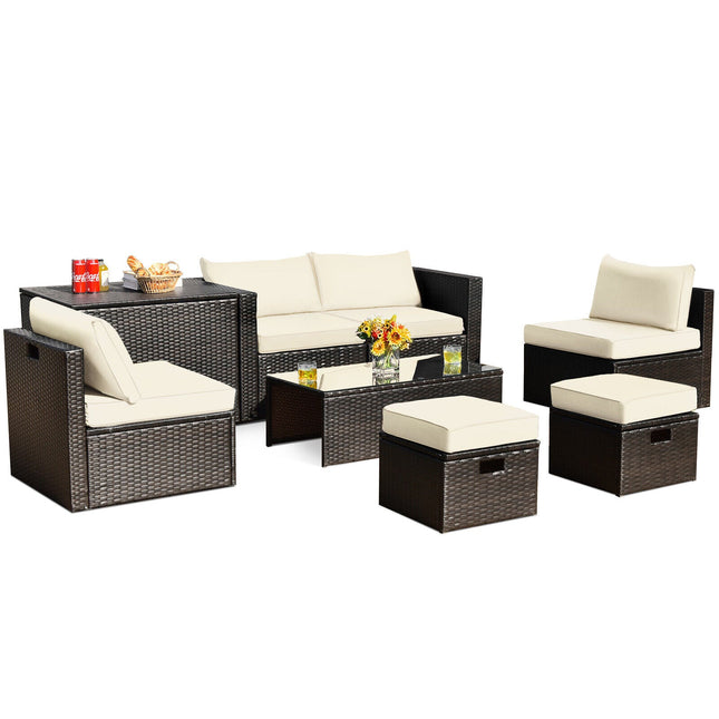 8 Pieces Patio Space - Saving Rattan Furniture Set with Storage Box and Waterproof Cover - White - Patio Furniture | Patioza