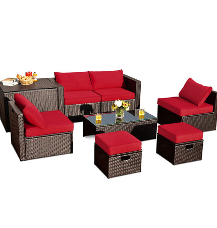 8 Pieces Patio Space - Saving Rattan Furniture Set with Storage Box and Waterproof Cover - Red - Patio Furniture | Patioza