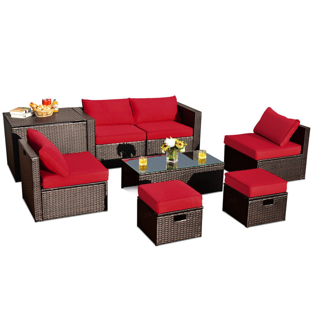 8 Pieces Patio Space - Saving Rattan Furniture Set with Storage Box and Waterproof Cover - Red - Patio Furniture | Patioza