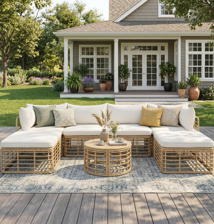 Outdoor Patio Furniture, All-Weather Rattan Sectional Sofa Set With Thick Cushions And Pillows, Freely Combined Conversation Sets For Garden, Backyard, Balcony - 7 Piece Outdoor Sets | Patioza
