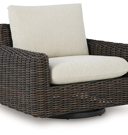 Kimora - 7 Pc. - 4-Piece Outdoor Sectional, Swivel Glider Lounge, Cocktail Table, End Table - Beige / Dark Brown - 7 Piece Outdoor Sets | Patioza