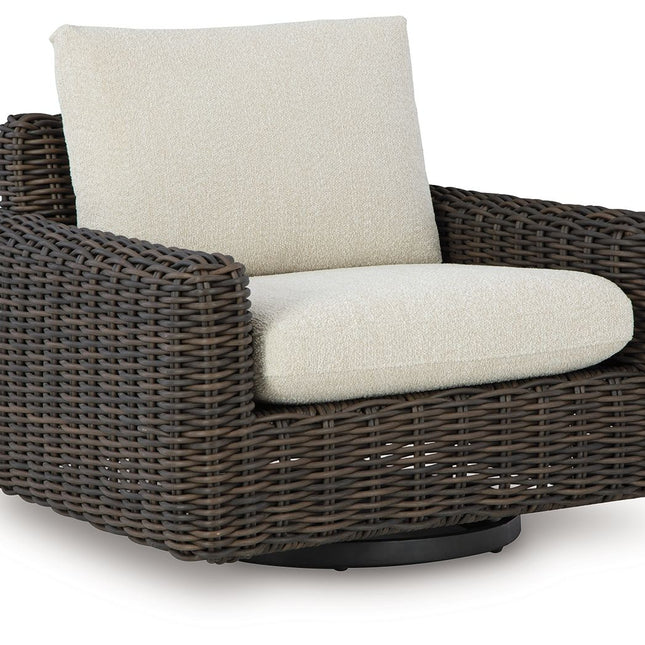 Kimora - 7 Pc. - 4-Piece Outdoor Sectional, Swivel Glider Lounge, Cocktail Table, End Table - Beige / Dark Brown - 7 Piece Outdoor Sets | Patioza
