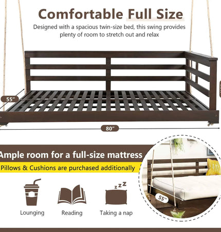 Acacia Wood Porch Swing Bed for Outdoor with Hemp Ropes - Full Size - Garden | Patioza