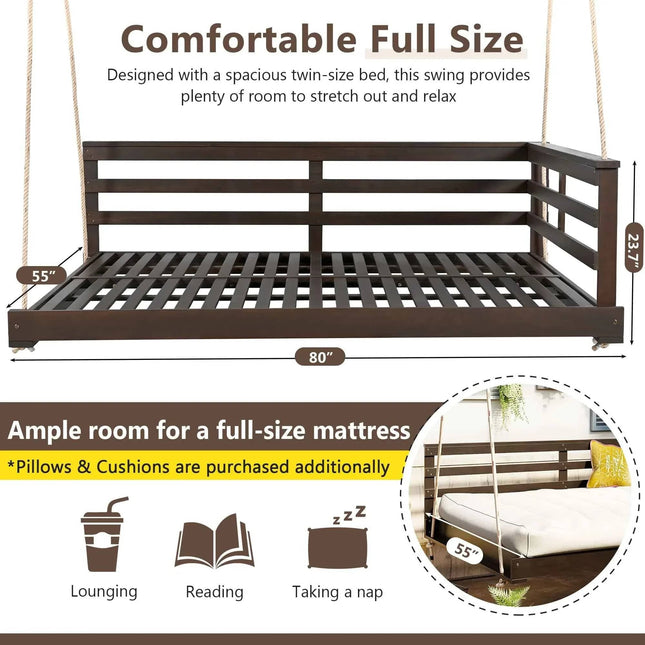 Acacia Wood Porch Swing Bed for Outdoor with Hemp Ropes - Full Size - Garden | Patioza