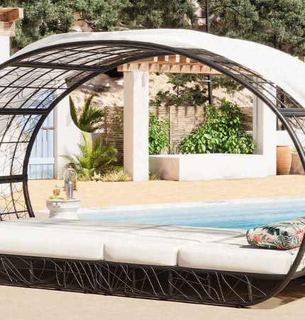 90.55" Outdoor Patio Daybed with Curtain, Sunbed with Cushion and - Furniture | Patioza