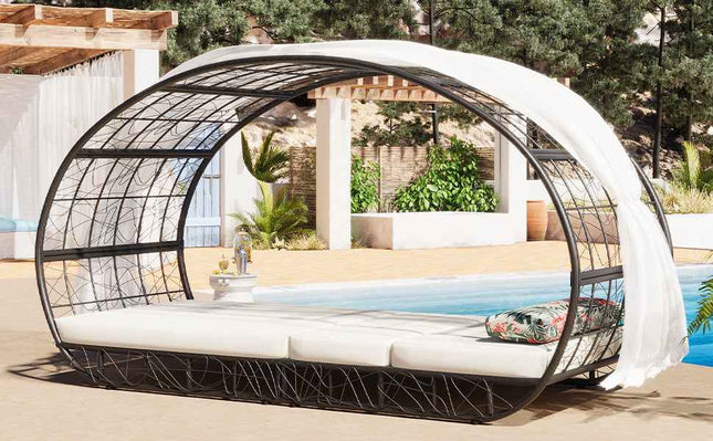 90.55" Outdoor Patio Daybed with Curtain, Sunbed with Cushion and - Furniture | Patioza