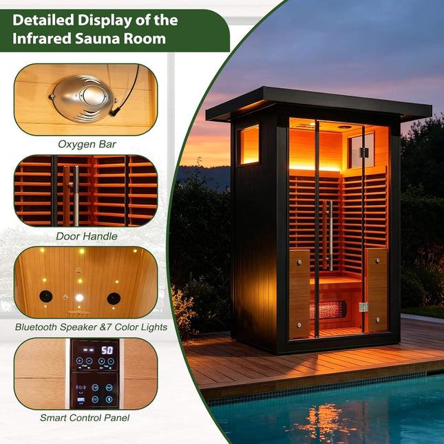 Thermora Lugano 2-Person Outdoor Full-Spectrum Infrared Sauna With Aluminum Alloy Exterior & WiFi (SAK14973) - Saunas | Patioza