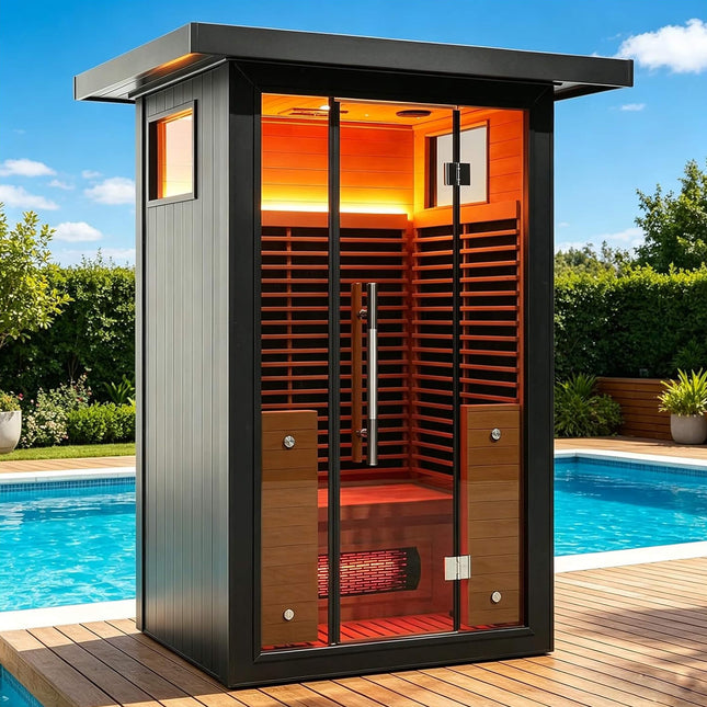 Thermora Lugano 2-Person Outdoor Full-Spectrum Infrared Sauna With Aluminum Alloy Exterior & WiFi (SAK14973) - Saunas | Patioza
