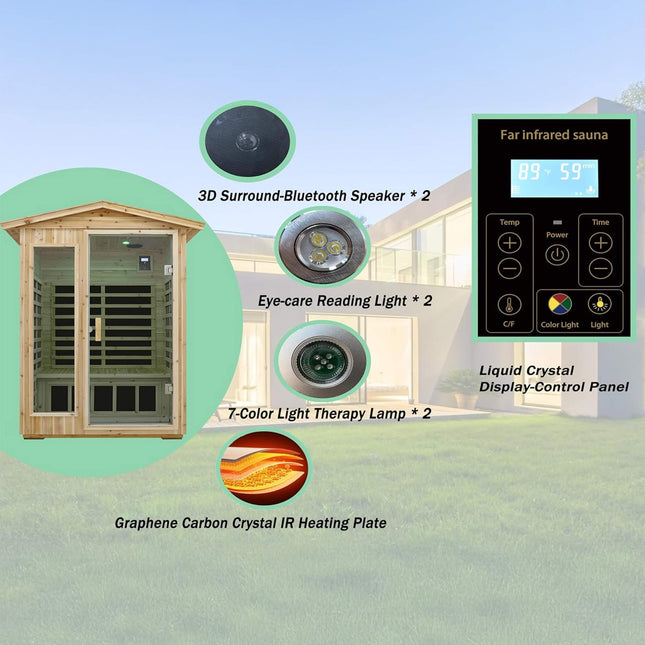 Thermora Vexa Luxury 2-Person Outdoor Low EMF Hemlock Infrared Sauna with Bluetooth and Chromotherapy Light - Infrared Saunas | Patioza