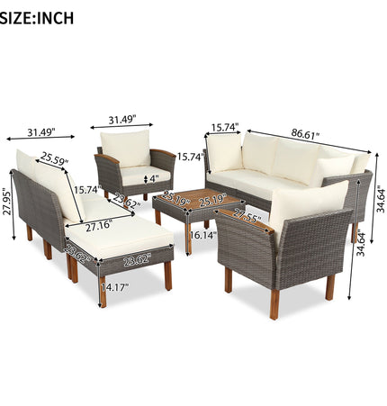 9 - piece Patio rattan furniture set with Acacia wooden legs and tabletop sofa set, coffee table washable cushion beige - Patio Furniture | Patioza