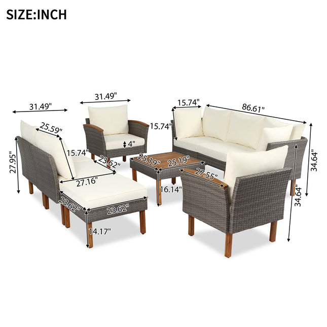 9 - piece Patio rattan furniture set with Acacia wooden legs and tabletop sofa set, coffee table washable cushion beige - Patio Furniture | Patioza