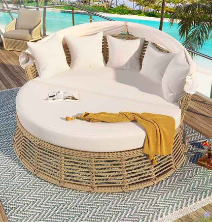 Outdoor Patio Rattan Round Daybed with Retractable Canopy, Wicker - Furniture | Patioza