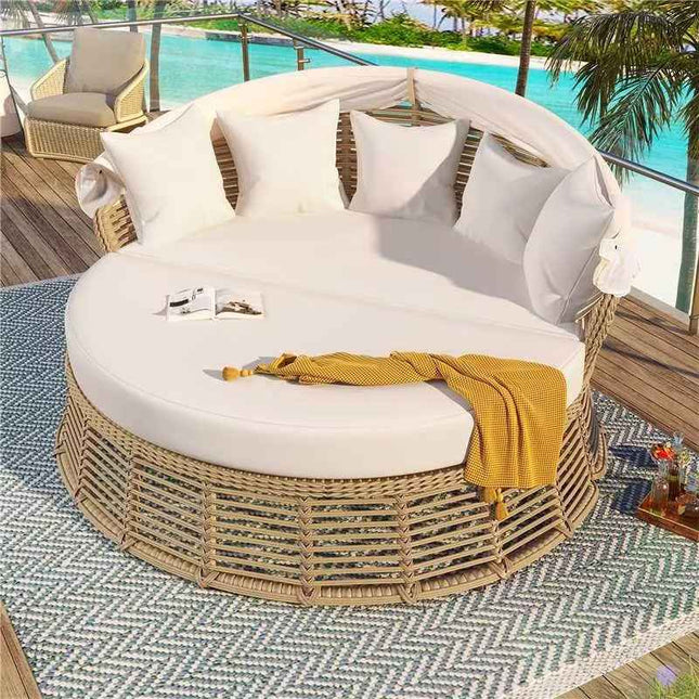 Outdoor Patio Rattan Round Daybed with Retractable Canopy, Wicker - Furniture | Patioza