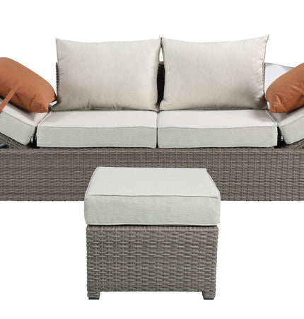 Salena - All Weather Wicker Patio Sofa & Ottoman With 2 Toss Pillows - Beige / Gray - 2 Piece Outdoor Sets | Patioza
