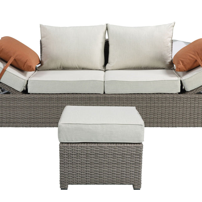 Salena - All Weather Wicker Patio Sofa & Ottoman With 2 Toss Pillows - Beige / Gray - 2 Piece Outdoor Sets | Patioza
