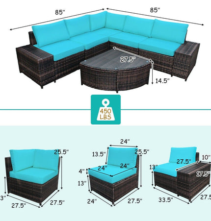 6 Piece Wicker Patio Sectional Sofa Set with Tempered Glass Coffee Table - Turquoise - Patio Furniture | Patioza