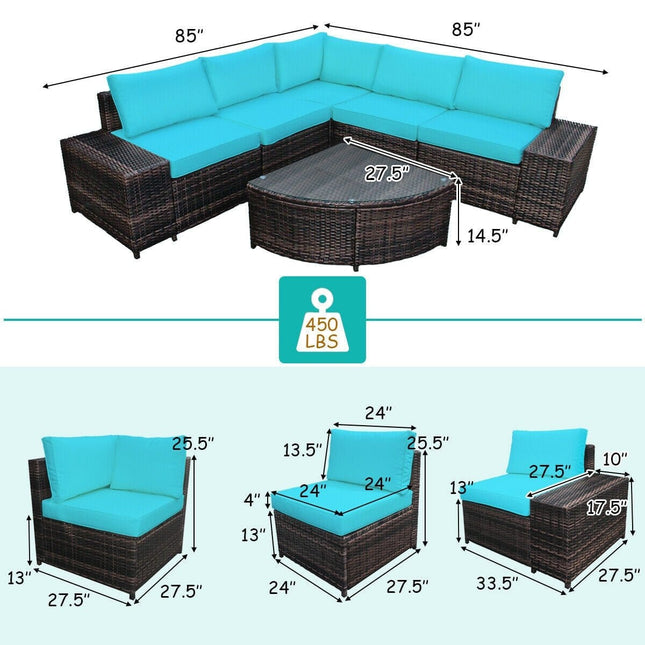 6 Piece Wicker Patio Sectional Sofa Set with Tempered Glass Coffee Table - Turquoise - Patio Furniture | Patioza