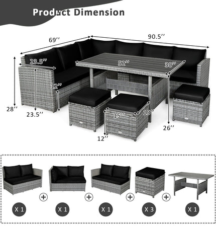 7 Pieces Patio Rattan Dining Furniture Sectional Sofa Set with Wicker Ottoman - Black - Patio Furniture | Patioza