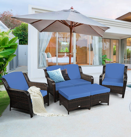 5 Pieces Patio Rattan Sofa Set with Cushion and Ottoman - Navy - Patio Furniture | Patioza