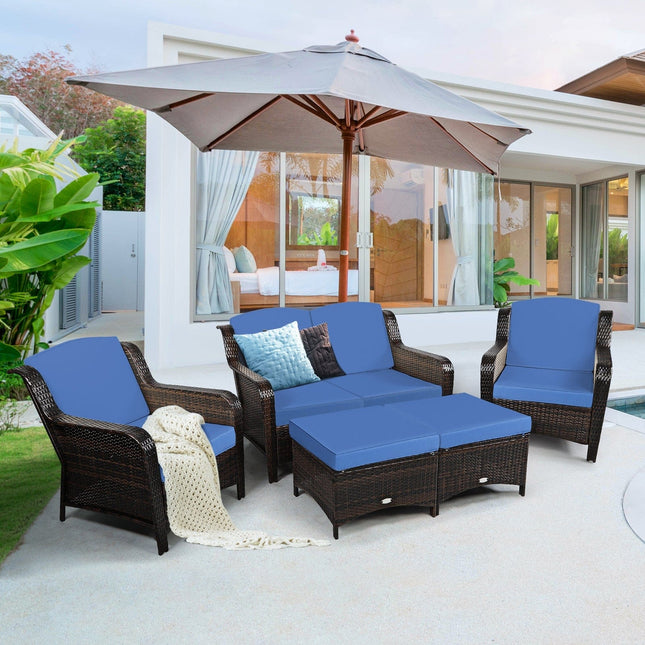 5 Pieces Patio Rattan Sofa Set with Cushion and Ottoman - Navy - Patio Furniture | Patioza