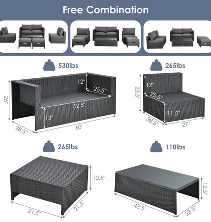 6 Pieces Patio Rattan Furniture Set with Glass Table and Cushioned Seat - Gray - Patio Furniture | Patioza