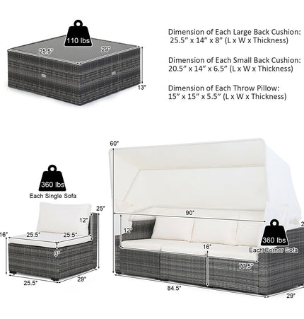 6 Pieces Patio Rattan Furniture Set with Retractable Canopy - Patio Furniture | Patioza