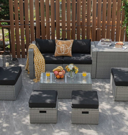 8 Pieces Patio Rattan Furniture Set with Storage Waterproof Cover and Cushion - Black - Patio Furniture | Patioza