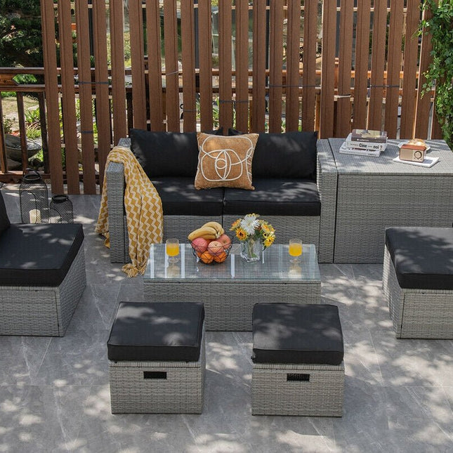 8 Pieces Patio Rattan Furniture Set with Storage Waterproof Cover and Cushion - Black - Patio Furniture | Patioza
