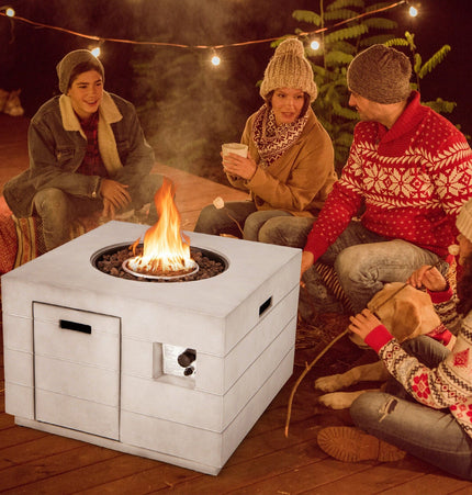 34 Inch Square Concrete Propane Fire Pit Table with Lava Rocks and Cover 50 000 BTU - Gray - Fire Pits | Patioza