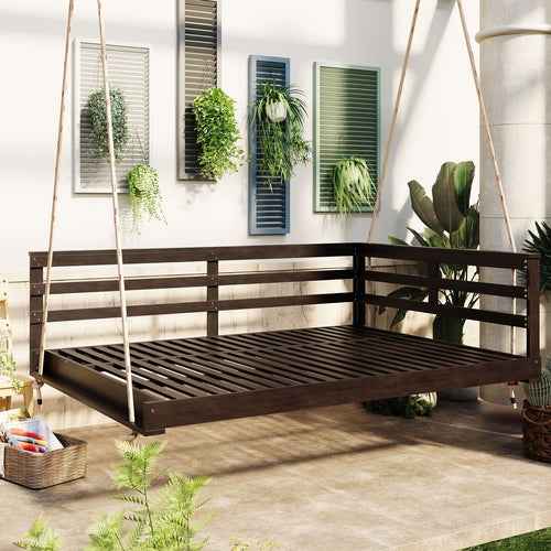 Acacia Wood Porch Swing Bed for Outdoor with Hemp Ropes - Full Size - Garden | Patioza