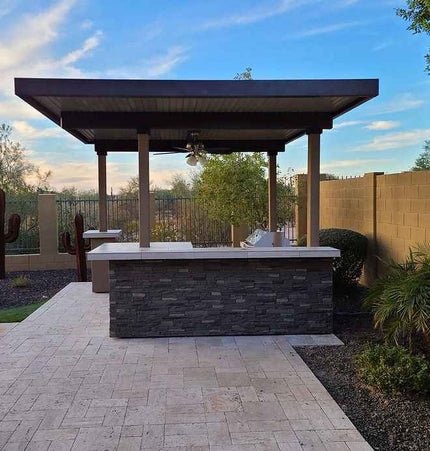 KoKoMo Outdoor Kitchen BBQ Island with 12' x 12' Pergola – Built - In 4 - Burner Grill, Refrigerator, and Lighting - Outdoor Kitchen | Patioza