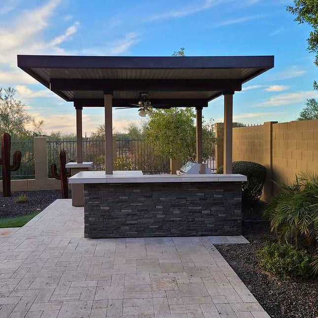 KoKoMo Outdoor Kitchen BBQ Island with 12' x 12' Pergola – Built - In 4 - Burner Grill, Refrigerator, and Lighting - Outdoor Kitchen | Patioza