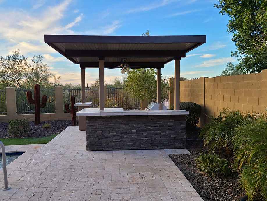 KoKoMo Outdoor Kitchen BBQ Island with 12' x 12' Pergola – Built - In 4 - Burner Grill, Refrigerator, and Lighting - Outdoor Kitchen | Patioza